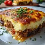 Pastel de berenjena con carne y queso gratinado