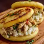 Arepas rellenas con pollo y cebollas