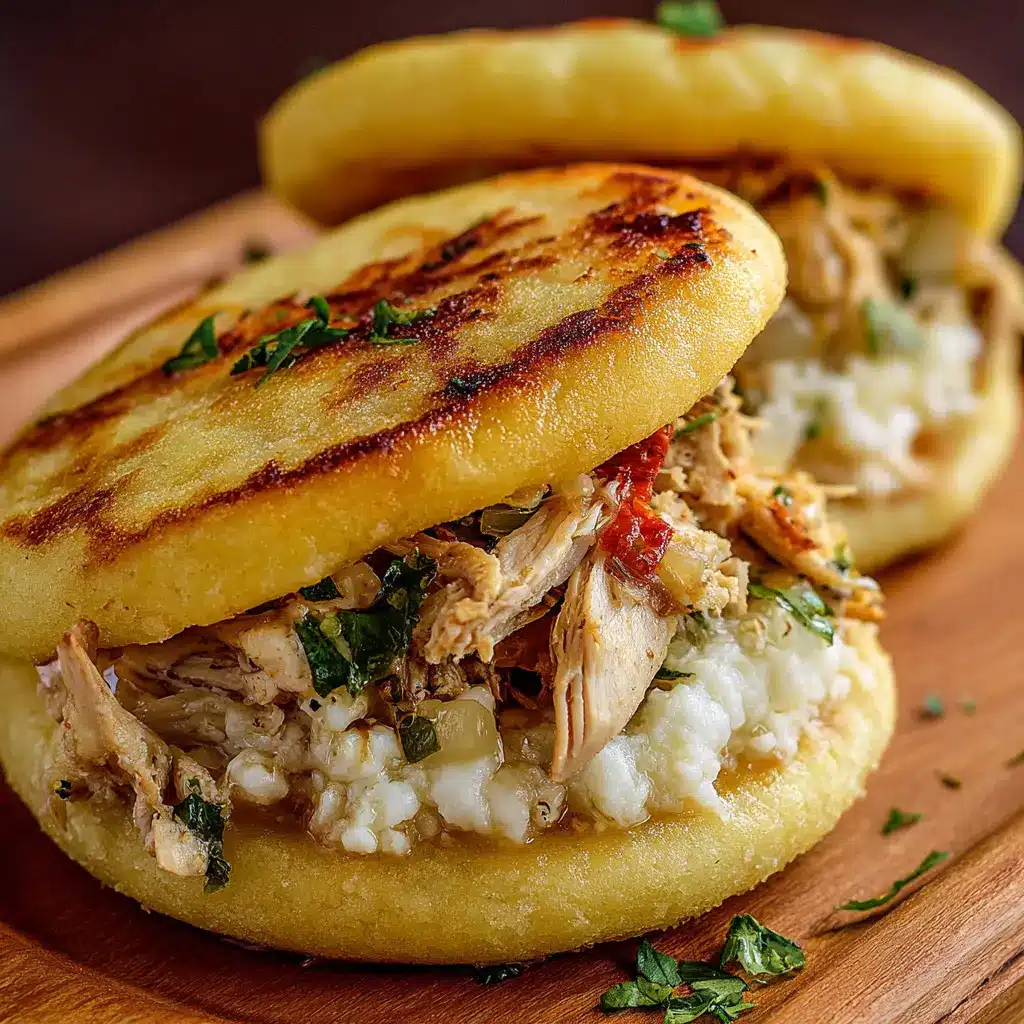 Arepas rellenas con pollo y cebollas