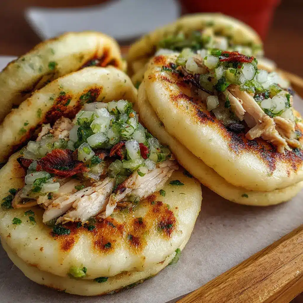 Arepas rellenas con pollo y cebollas