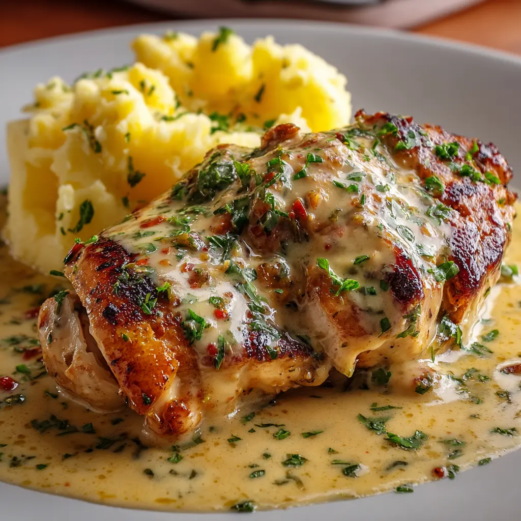 Pechuga de Pollo en Salsa Cremosa de Ajo con Puré de Patatas