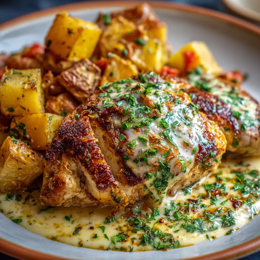 Pechuga de Pollo con Salsa de Queso y Patatas Asadas