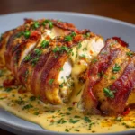Pechugas de Pollo Rellenas Envuelto en Tocino de Pavo con Salsa Cremosa