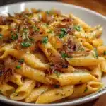 Penne rigate con cebollas caramelizadas
