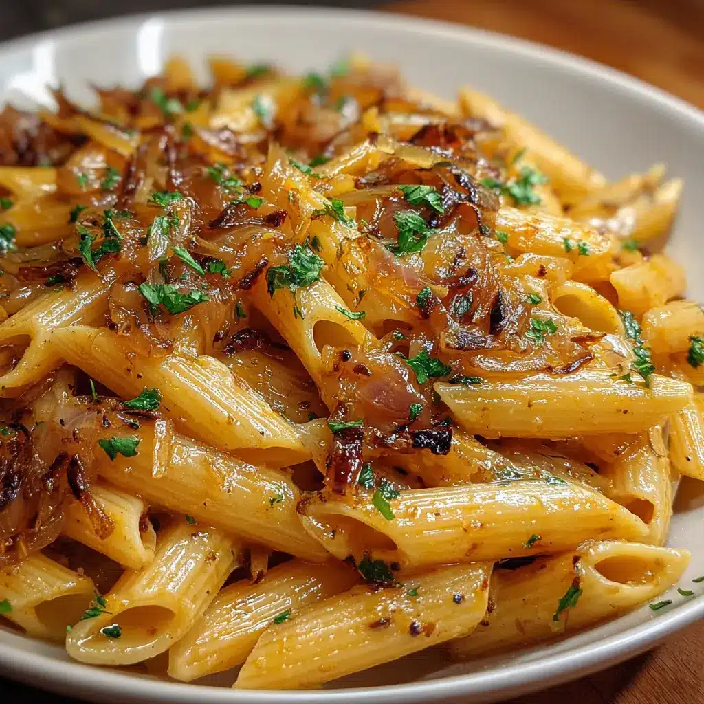 Penne rigate con cebollas caramelizadas