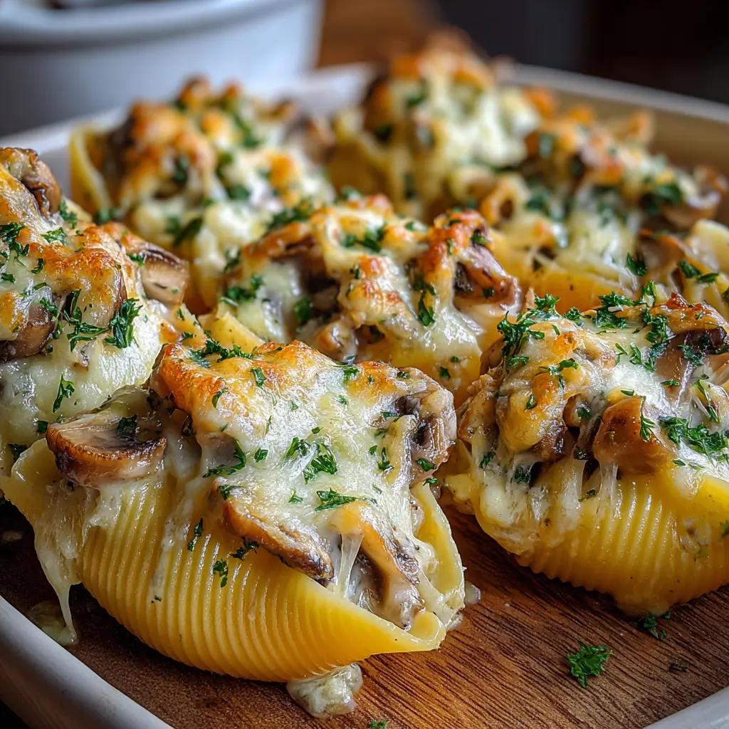 Conchas de pasta gigantes rellenas de queso y champiñones