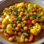 Curry de garbanzos, choclo, coliflor, cebolla y morrón amarillo