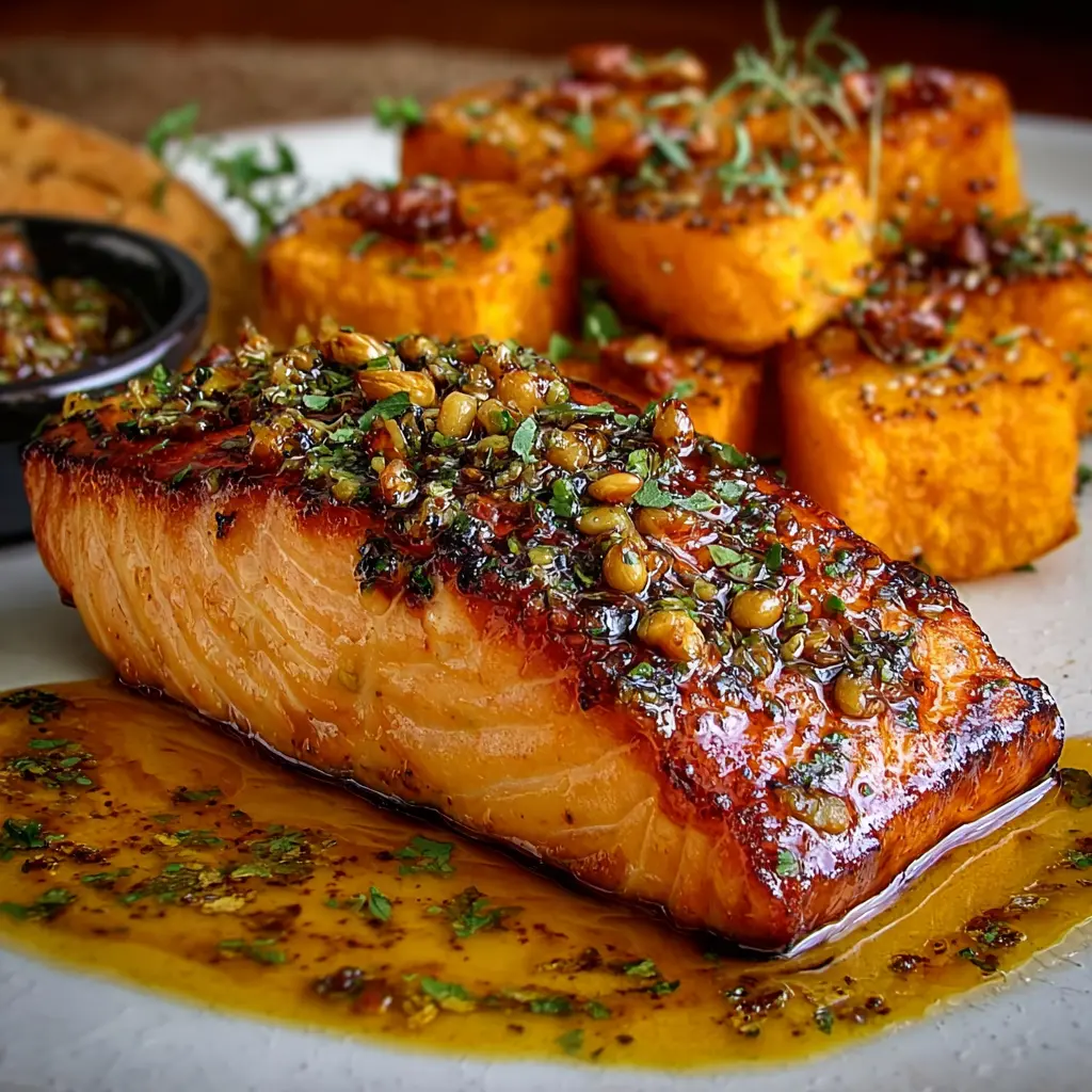 Salmón Glaseado con Miel y Mostaza Batata Asada