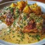 POLLO CREMOSO AL AJO CON PAPAS DORADAS