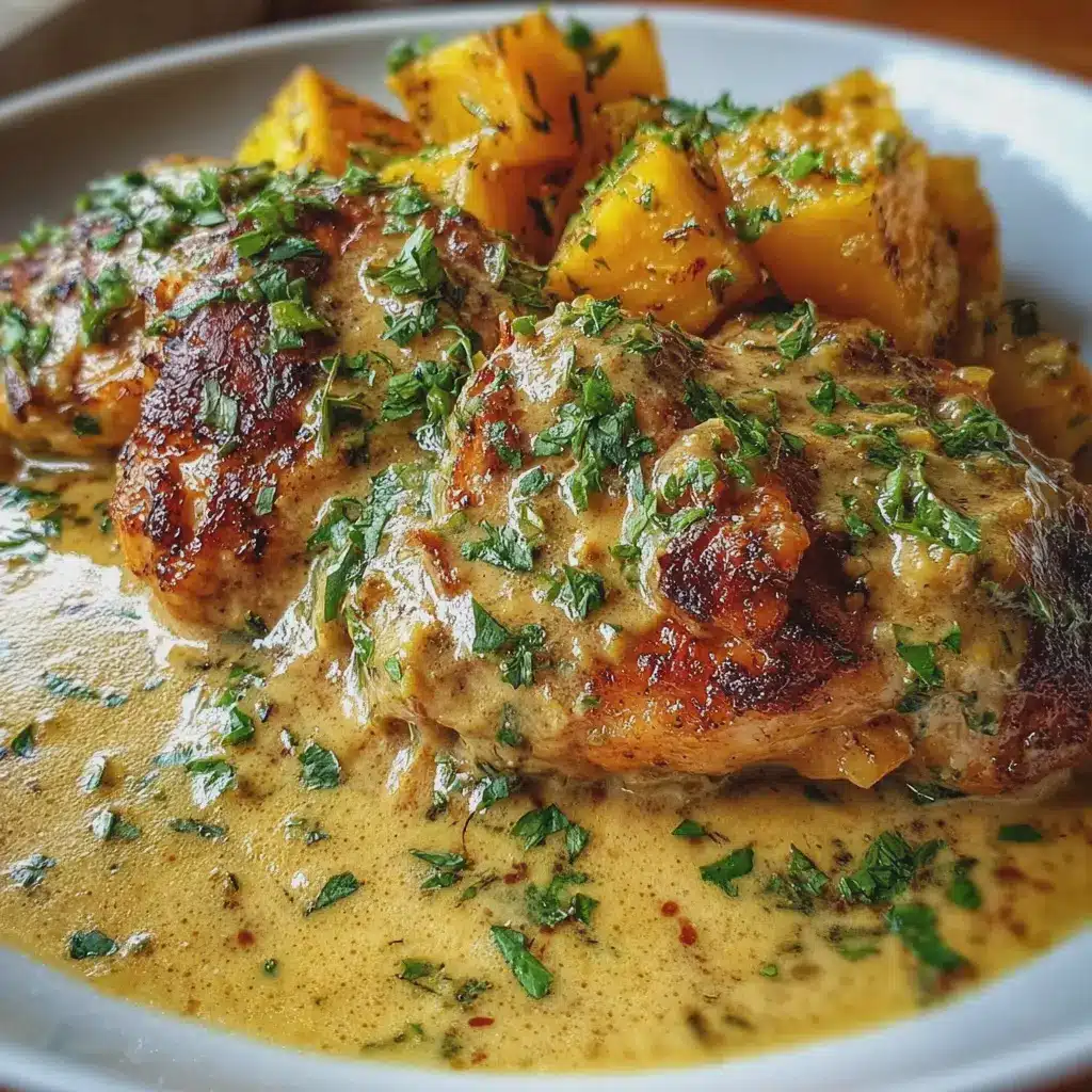 POLLO CREMOSO AL AJO CON PAPAS DORADAS