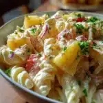 La ensalada hawaiana de pasta es cremosa, fresca y con ese toque dulce de la piña
