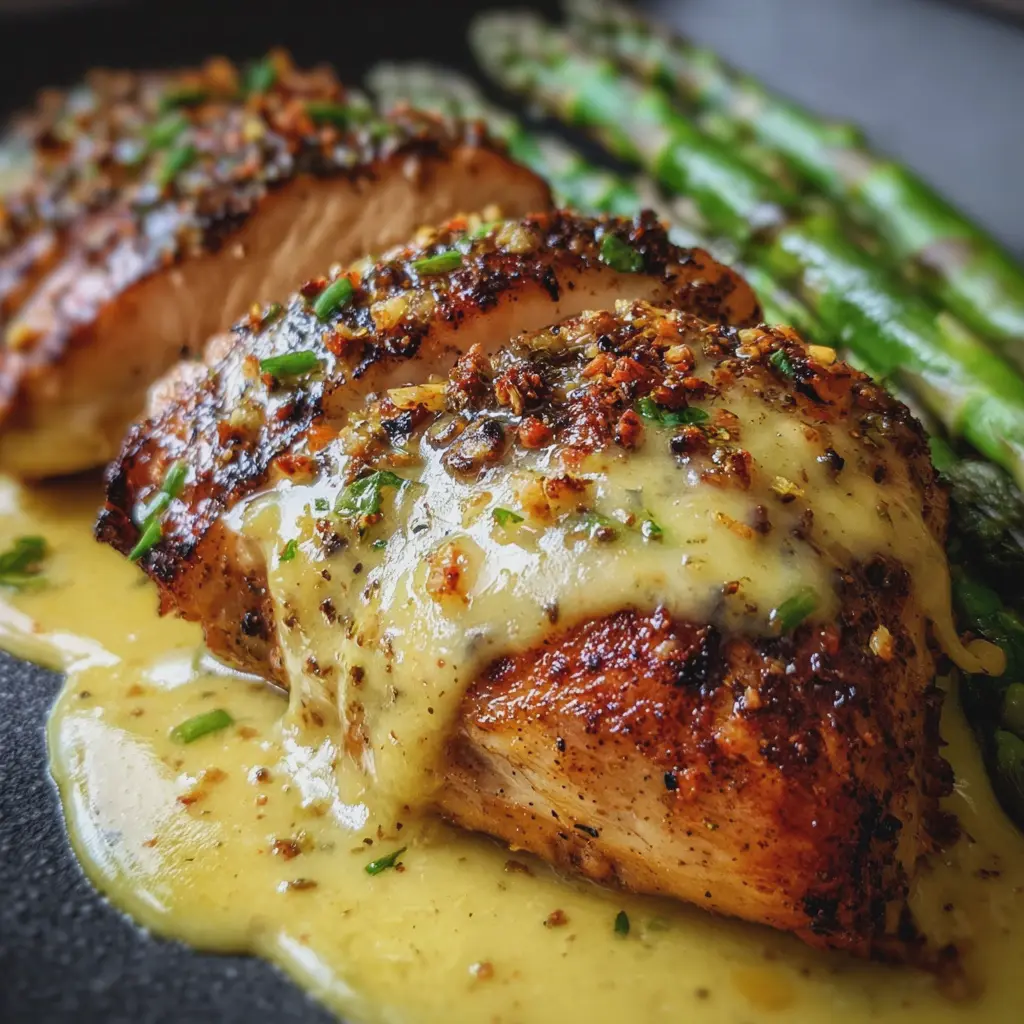 Pollo a la Mostaza y Miel con Espárragos Asados y Queso