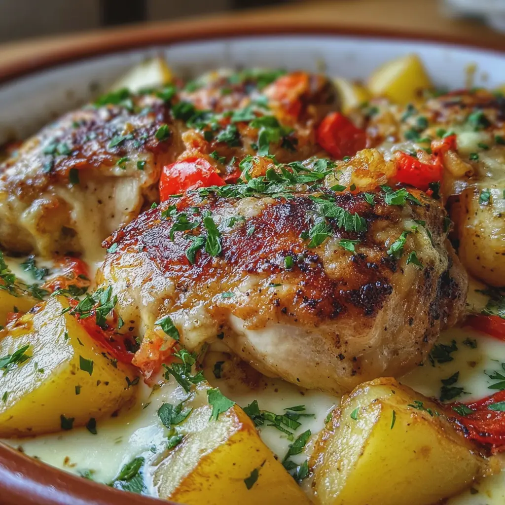Pollo con Patatas en Salsa de Queso al Horno