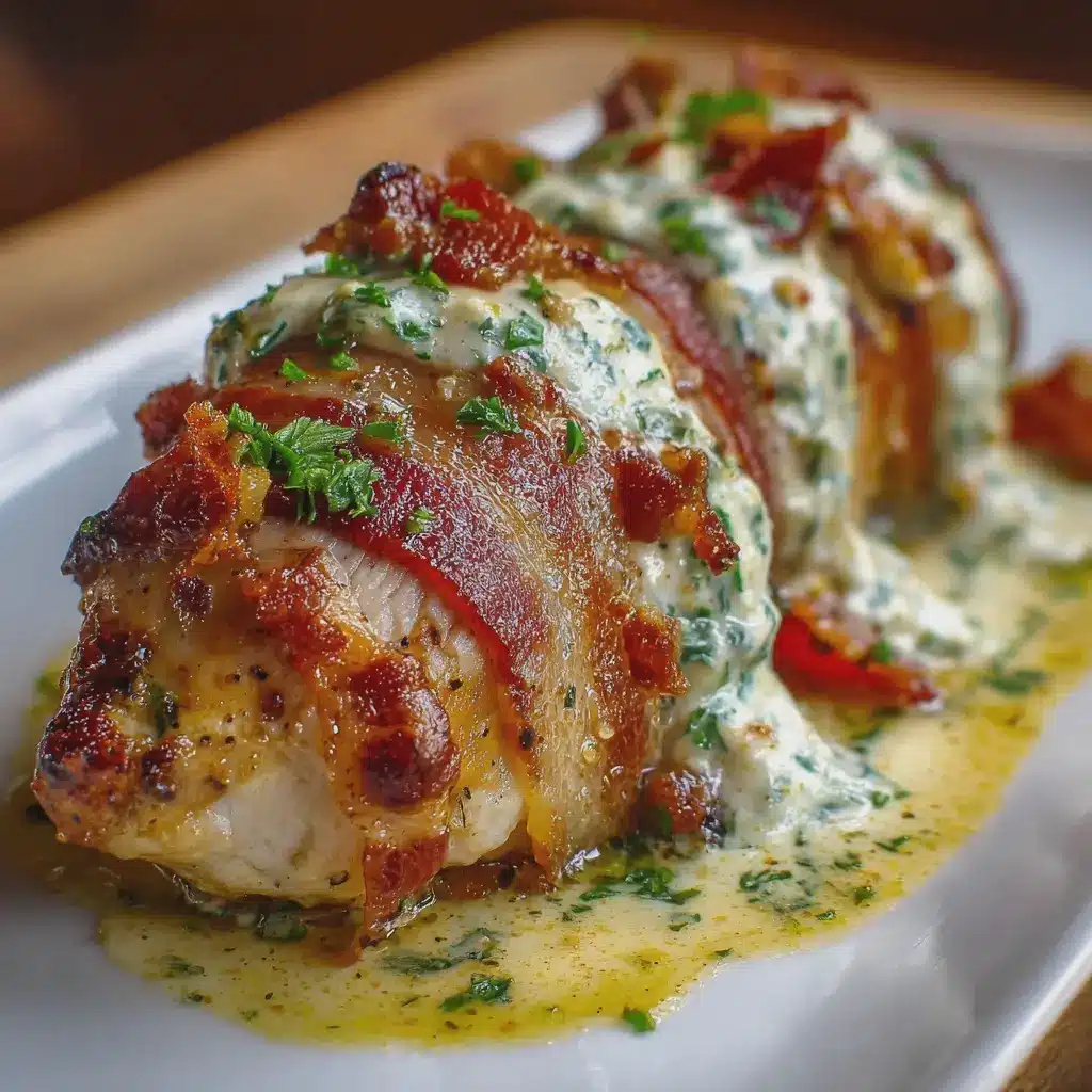 Pechugas de Pollo Rellenas Envuelto en Tocino de Pavo con Salsa Cremosa