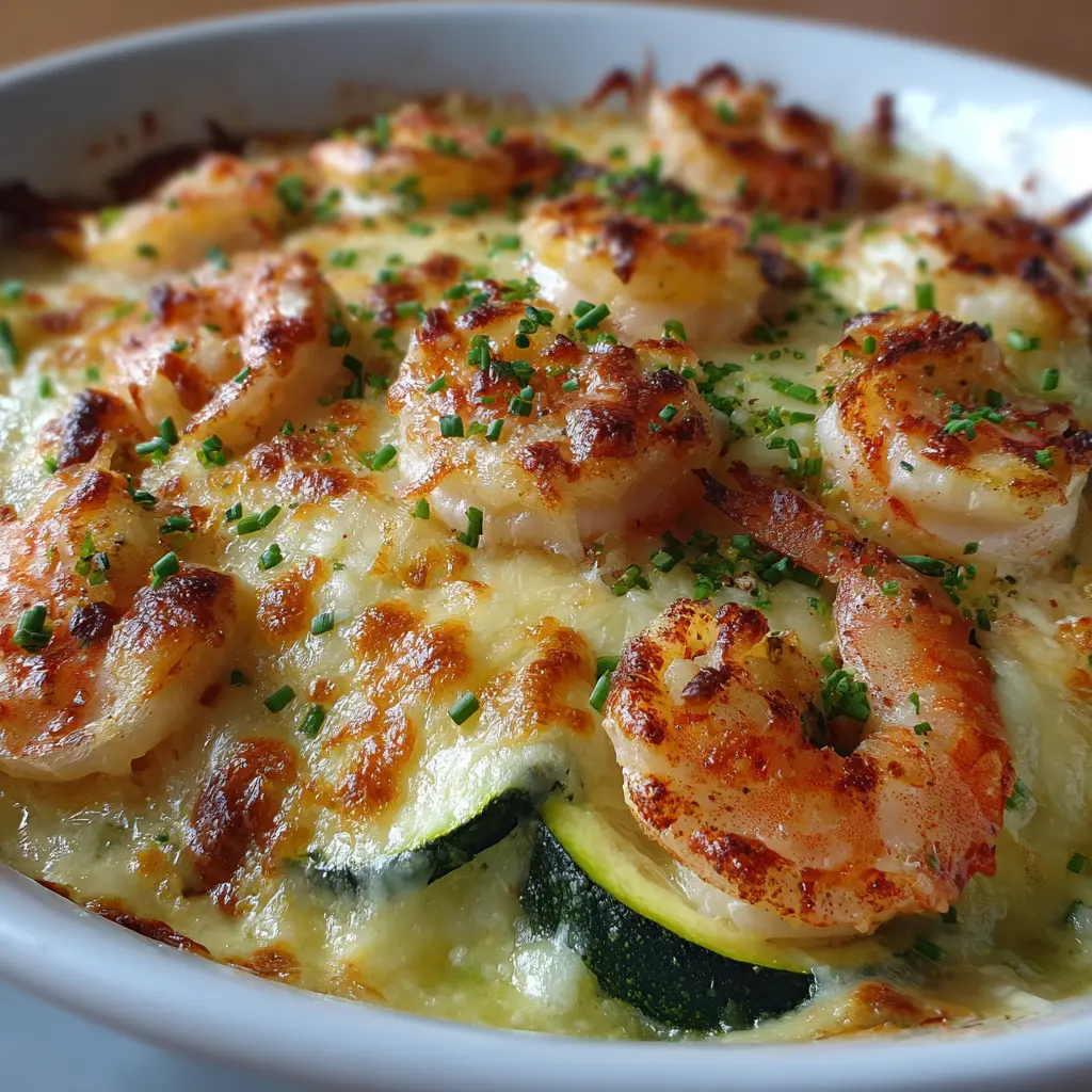 Gratinado ligero de gambas con calabacín y queso