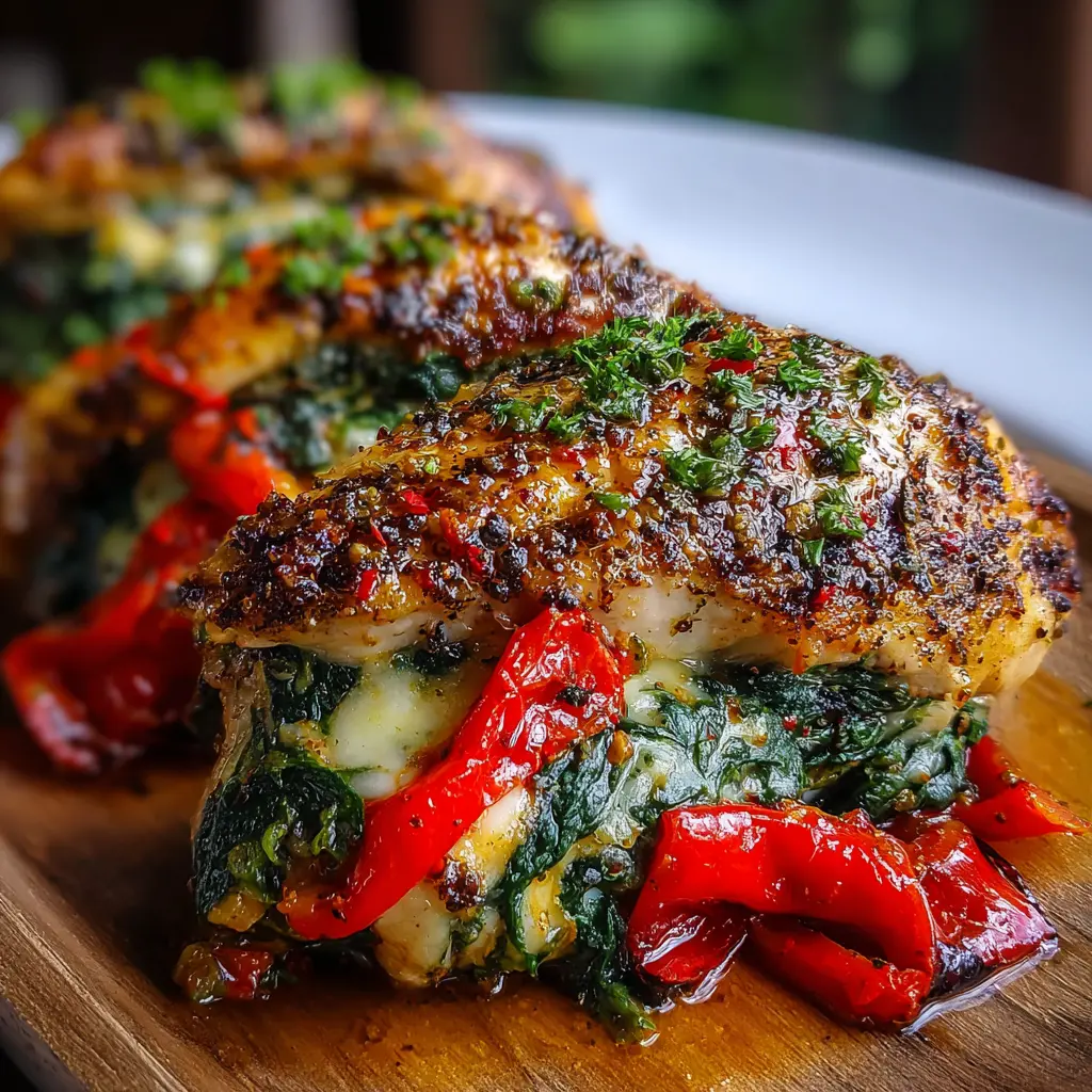 Pechuga de Pollo Rellena de Espinacas y Pimiento Rojo Asado
