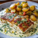 Filete de pescado cremoso papas asadas