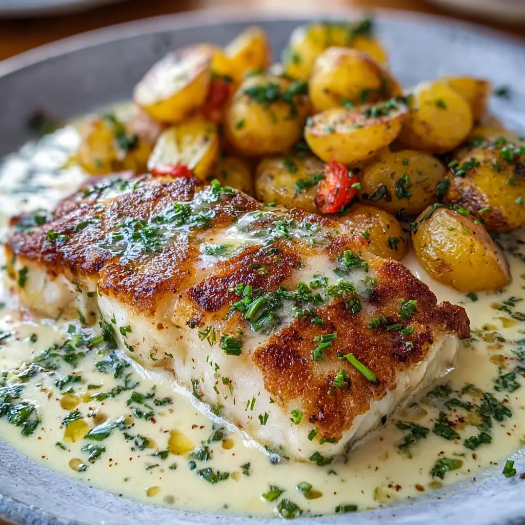 Filete de pescado cremoso papas asadas