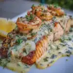 Salmón relleno cremoso de camarones al ajillo