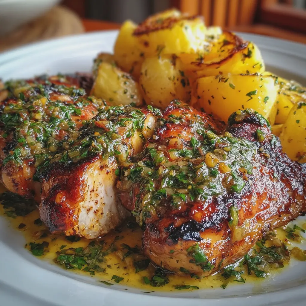 Pollo asado con salsa de hierbas y patatas crujientes al ajillo