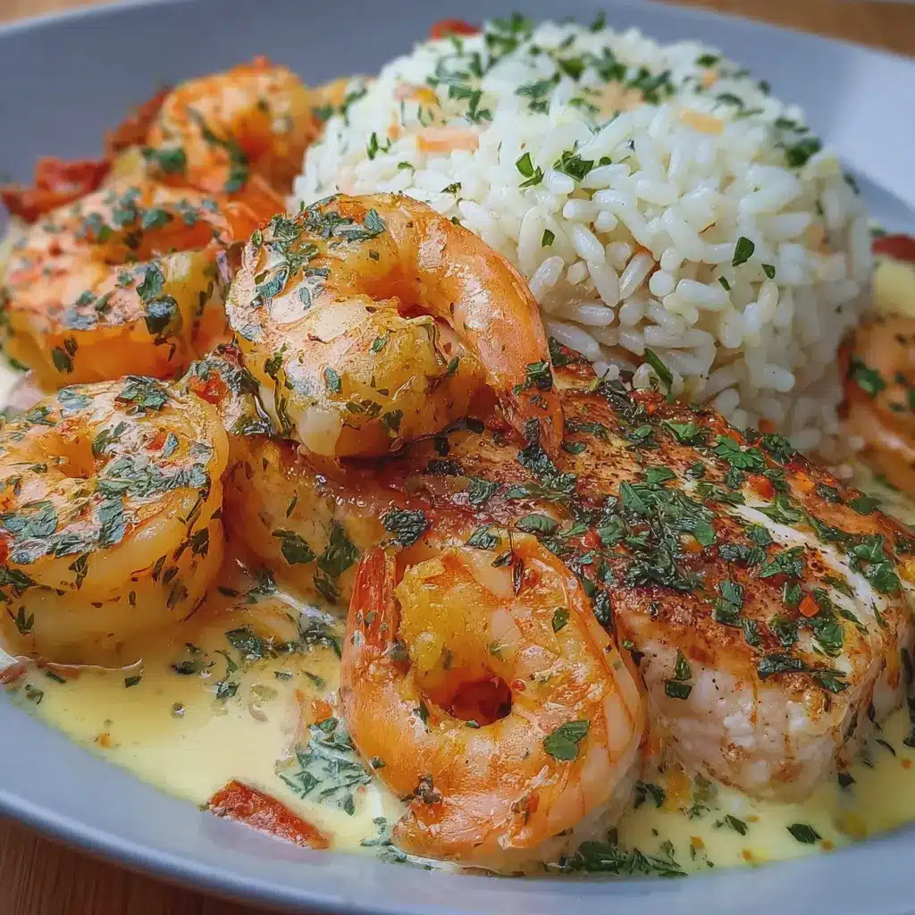 Bol Cremoso de Salmón y Camarones con Arroz al Ajillo
