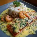 Bol cremoso de salmón y camarones con arroz al ajillo