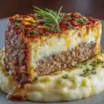 Pastel de carne glaseado con queso y puré de papas