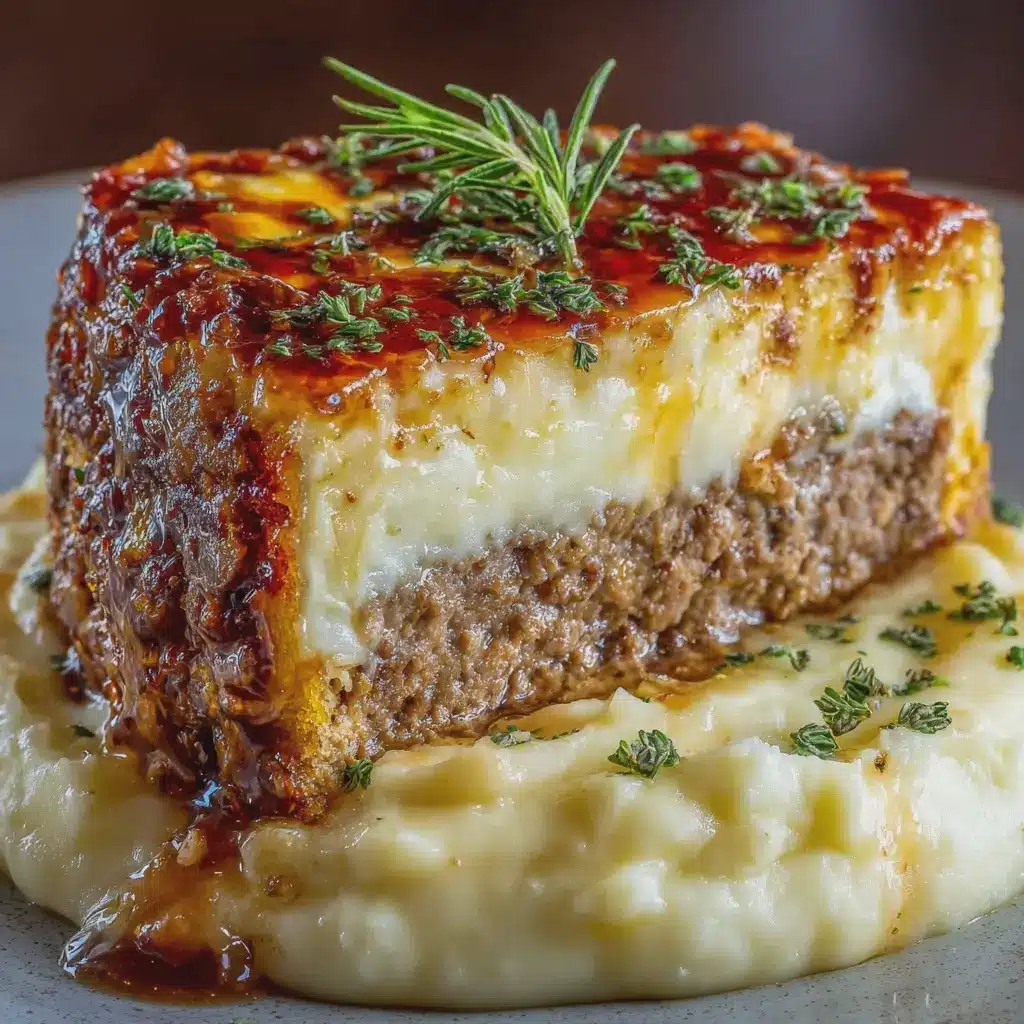 Pastel de carne glaseado con queso y puré de papas