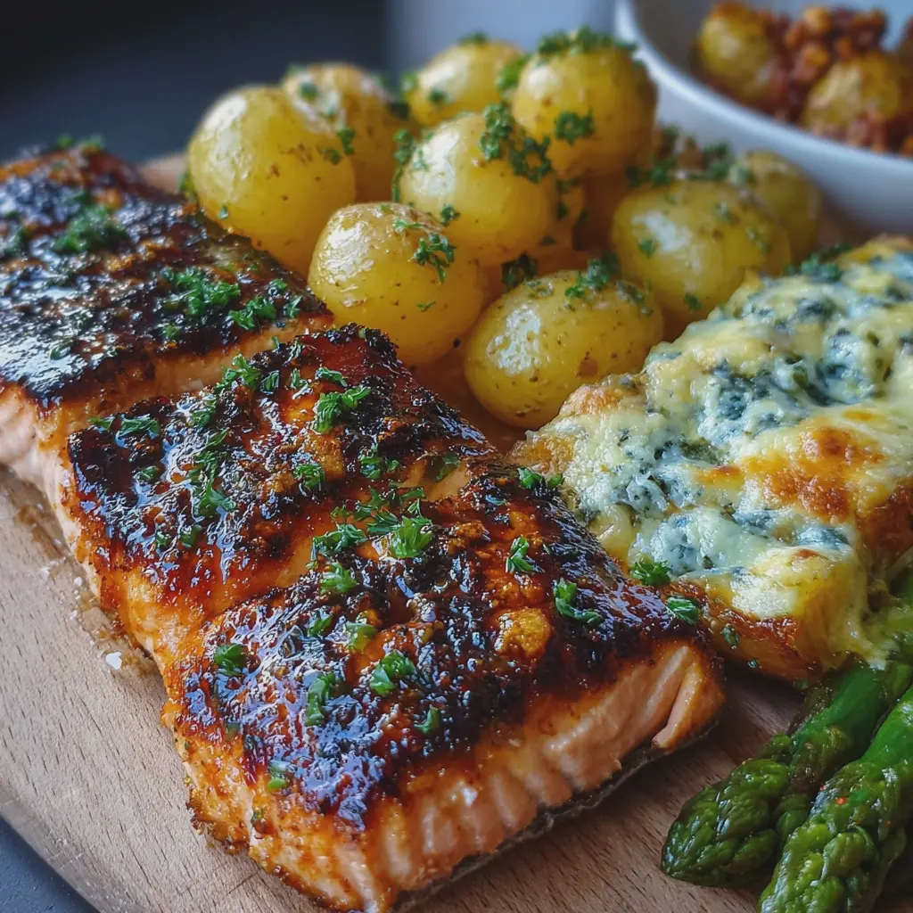 Salmón a la parrilla con espárragos gratinados y papas baby crujientes