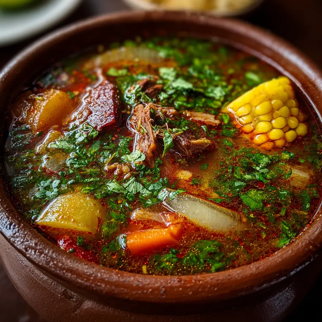 Caldo de Res en chile colorado