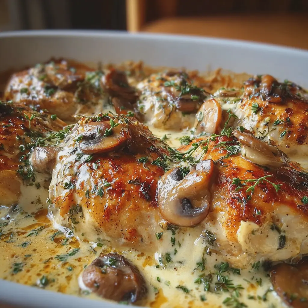 Pollo cremoso con champiñones al horno