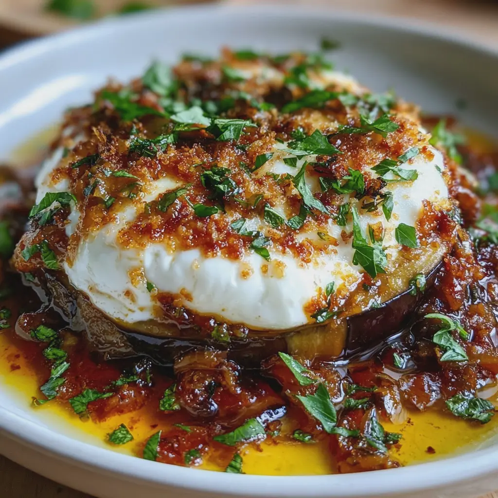 Berenjenas a la Parmesana con Burrata, Cebolla Caramelizada y Crema de Parmesano