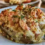 Papa al horno rellena de camarones y cangrejo con queso