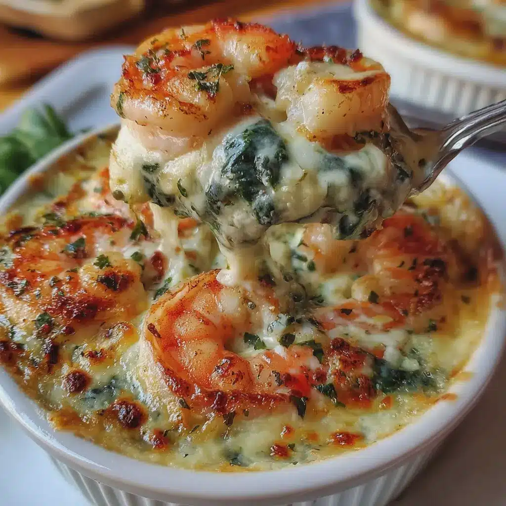 Gratinado cremoso de camarones al ajillo y espinacas