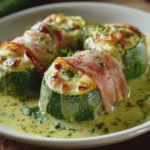 Calabacitas rellenas de jamón y queso en salsa verde cremosa