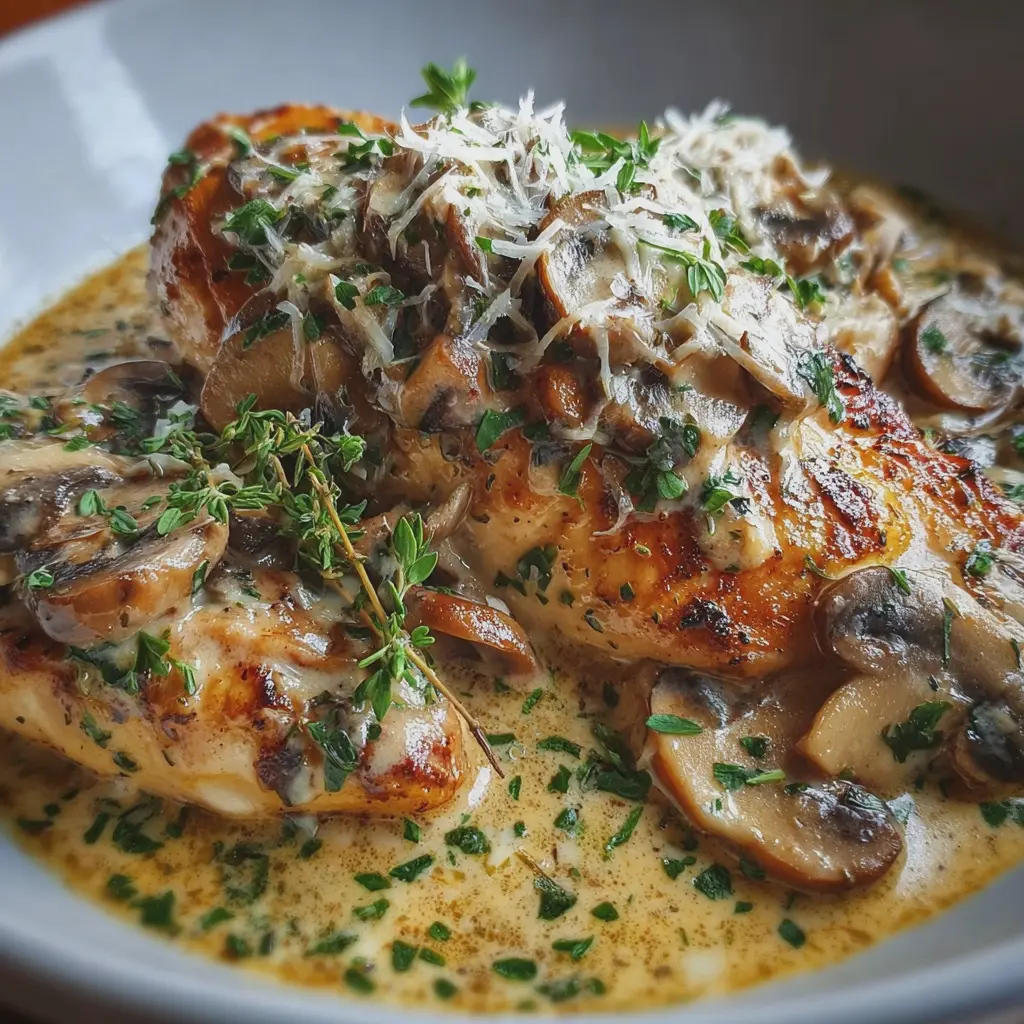 Pollo en salsa cremosa de champiñones y parmesano
