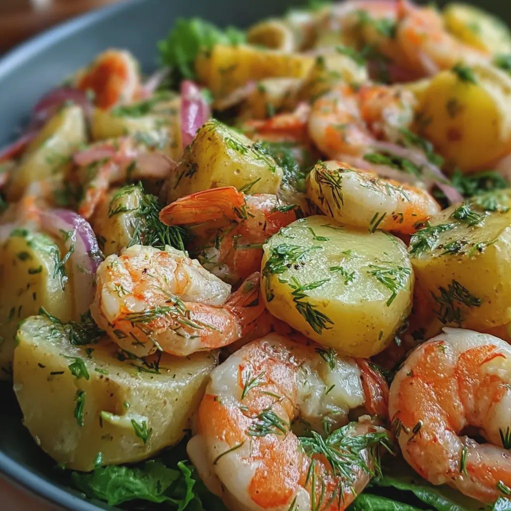 Ensalada de patatas con gambas y eneldo