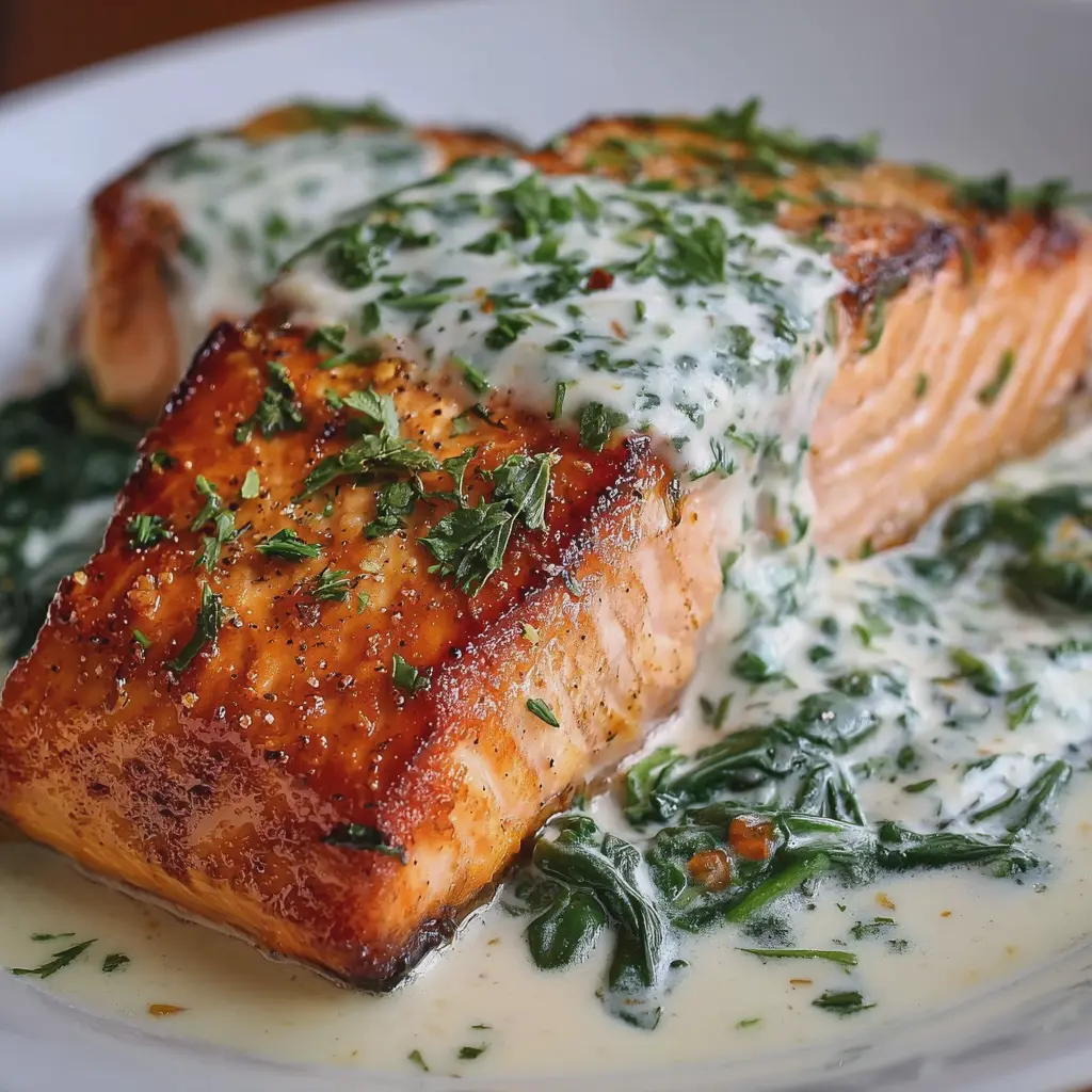 Salmón al Horno con Salsa Cremosa de Ajo y Espinacas
