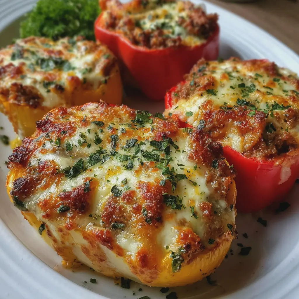 PIMENTÕES RECHEADOS COM CARNE MOÍDA E QUEIJO GRATINADO