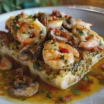 Bacalao Dorado con Langostinos y Champiñones en Salsa de Ajo