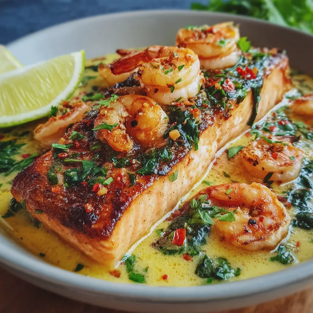 Salmón Cremoso con Camarones al Ajillo