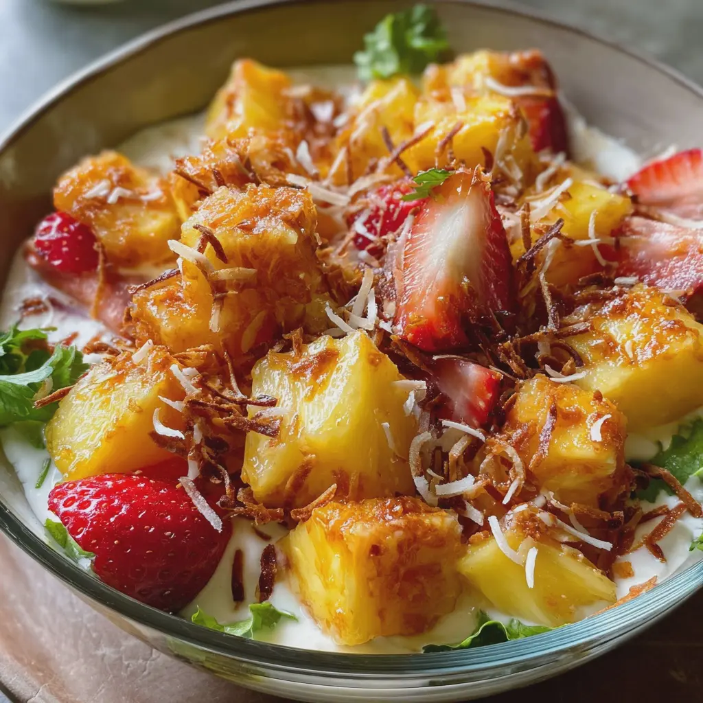 Ensalada saludable de durazno, piña y coco tostado