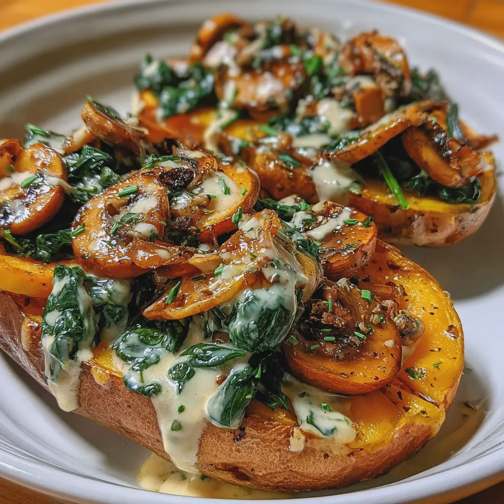 Barquitas de Batata con Champiñones, Espinacas y Salsa Cremosa