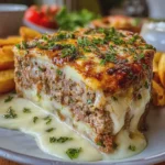 Pastel de Carne con Queso Fundido y Hierbas Fritas