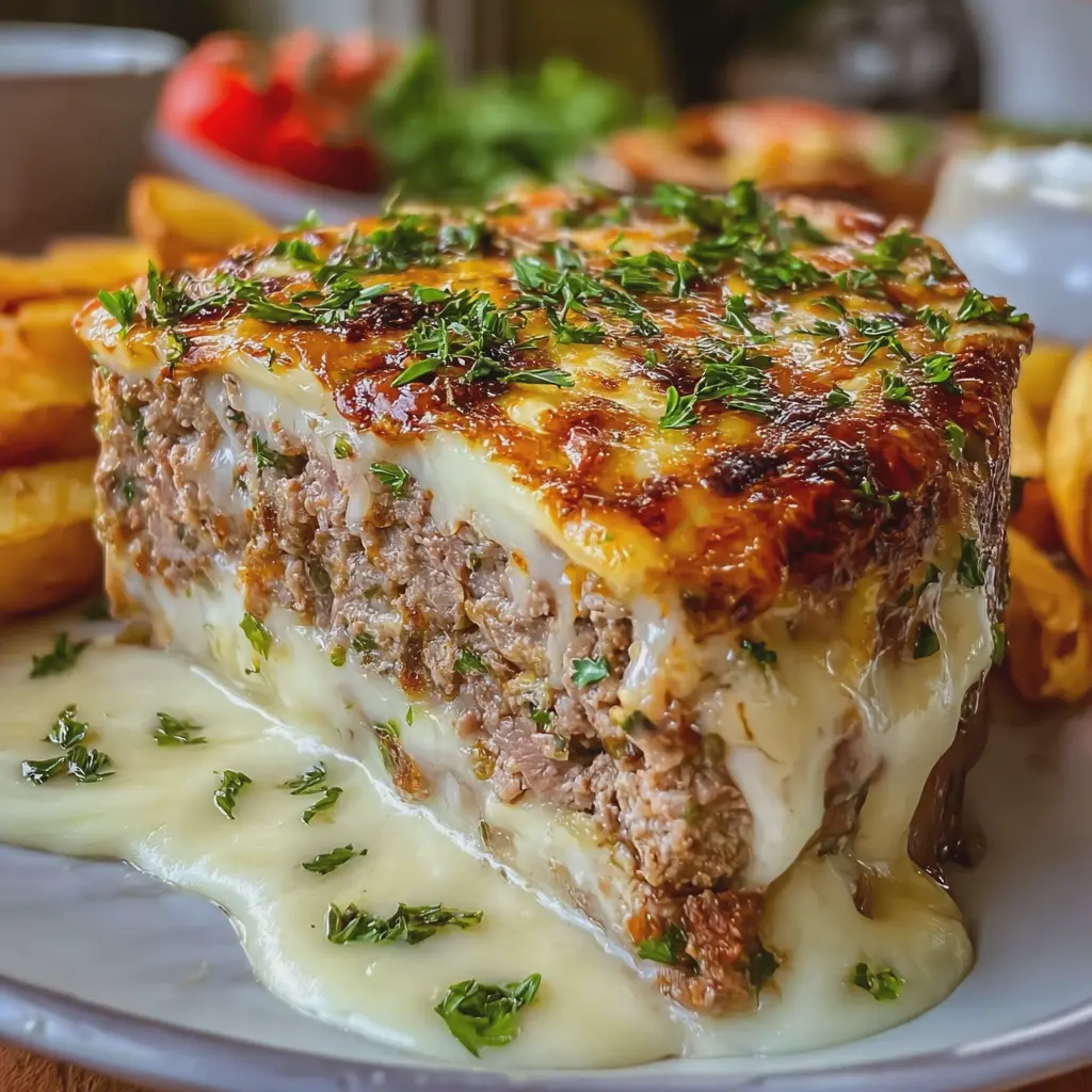 Pastel de Carne con Queso Fundido y Hierbas Fritas