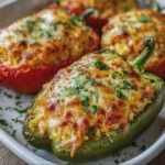 Pimientos rellenos de arroz y queso al horno