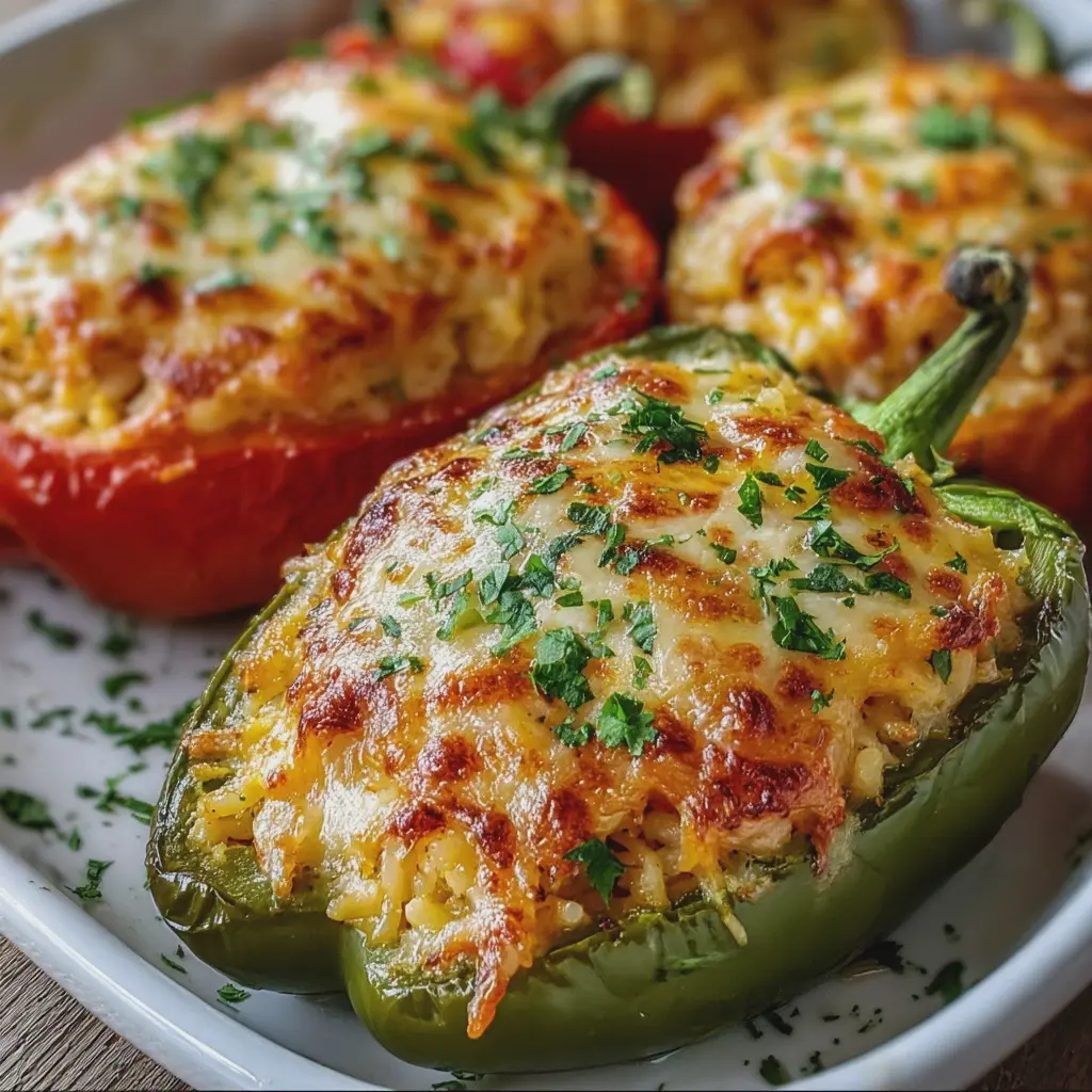 Pimientos rellenos de arroz y queso al horno