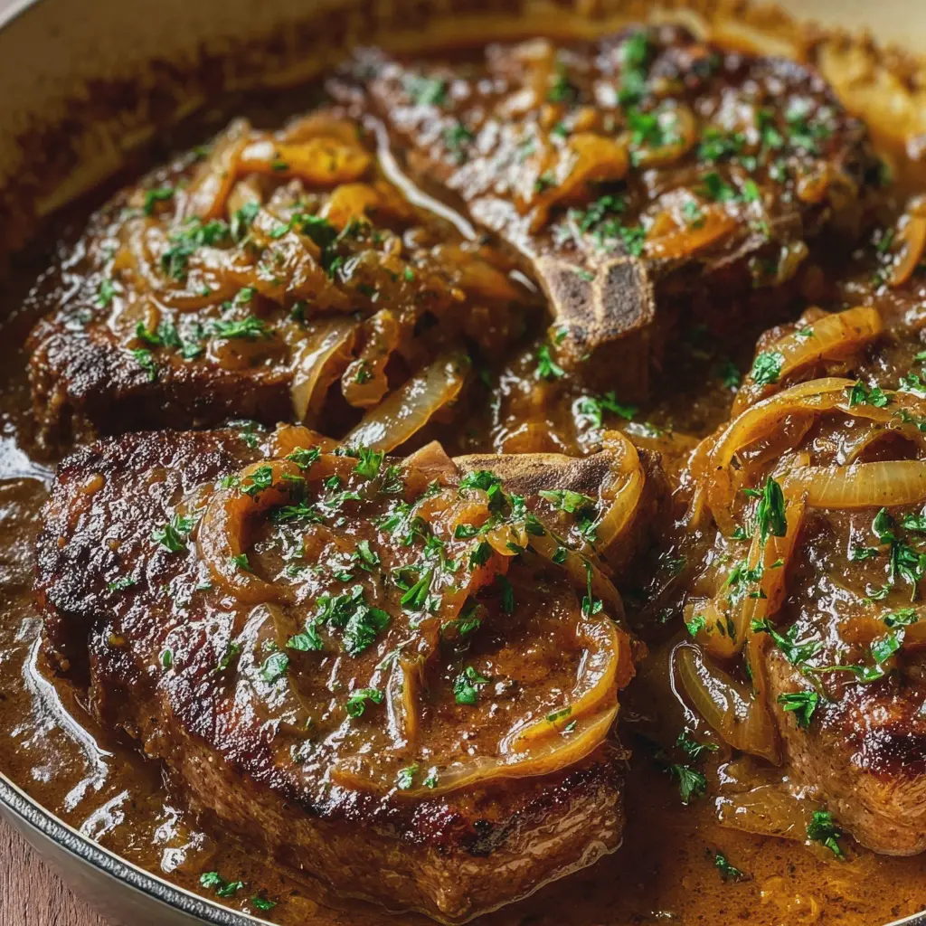 Chuletas de Res Guisadas en Salsa de Cebolla