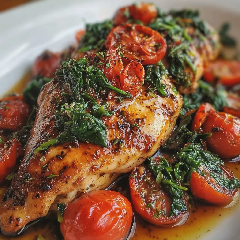 Pechuga de Pollo al Balsámico con Espinacas y Tomates