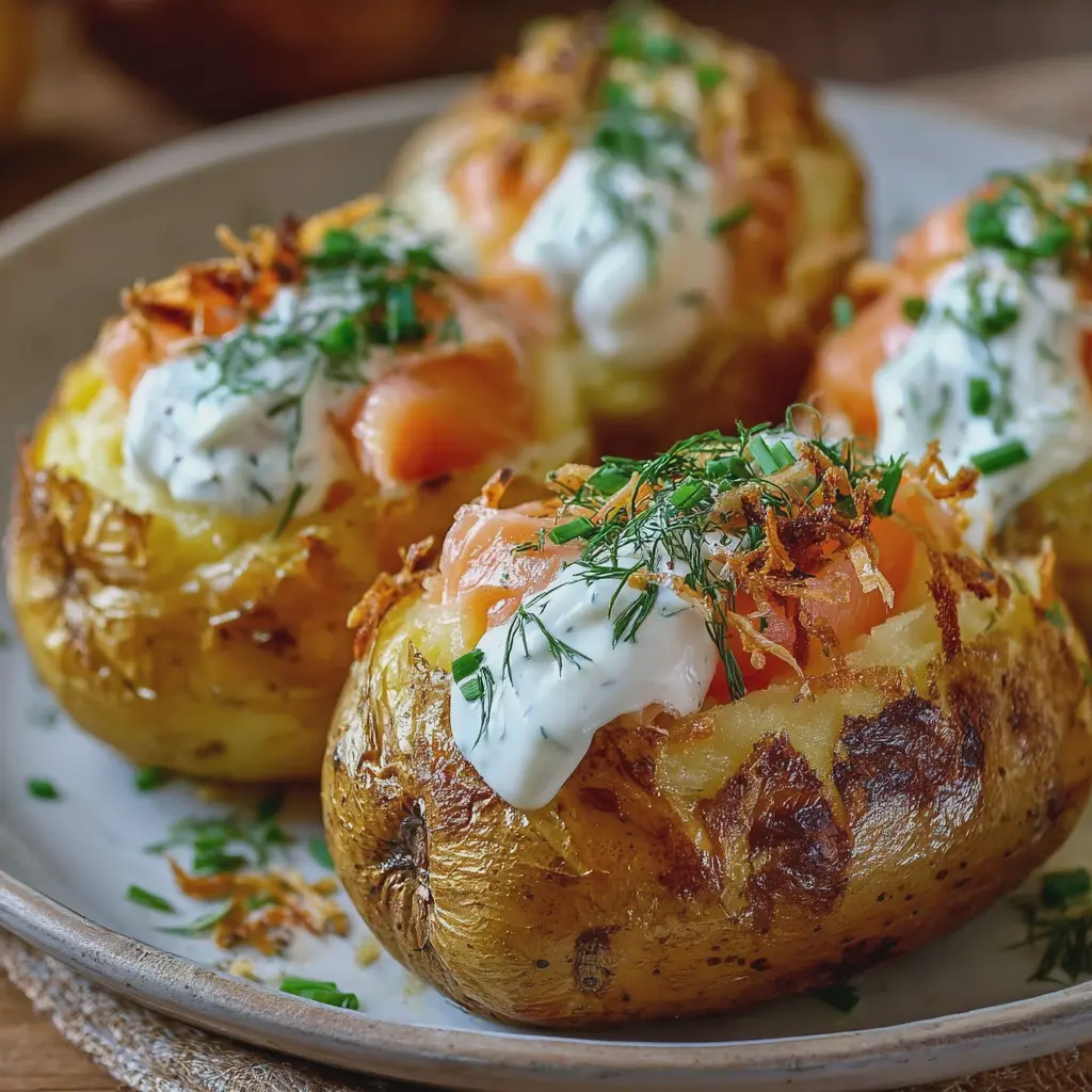 Patatas rellenas de salmón y crema